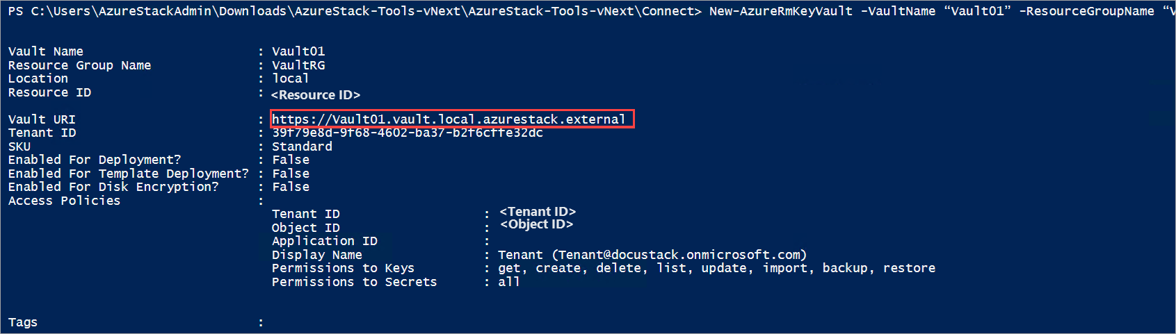 Novo cofre de chaves gerado no Powershell