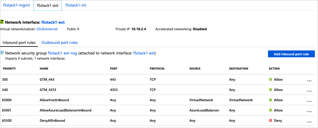 A página fStack1-ext da caixa de diálogo Interface de Rede mostra informações sobre a interface fstack1-ext e sobre seu NSG, fstack1-ext-nsg. Há guias para selecionar a visualização das regras de porta de entrada ou das regras de porta de saída.