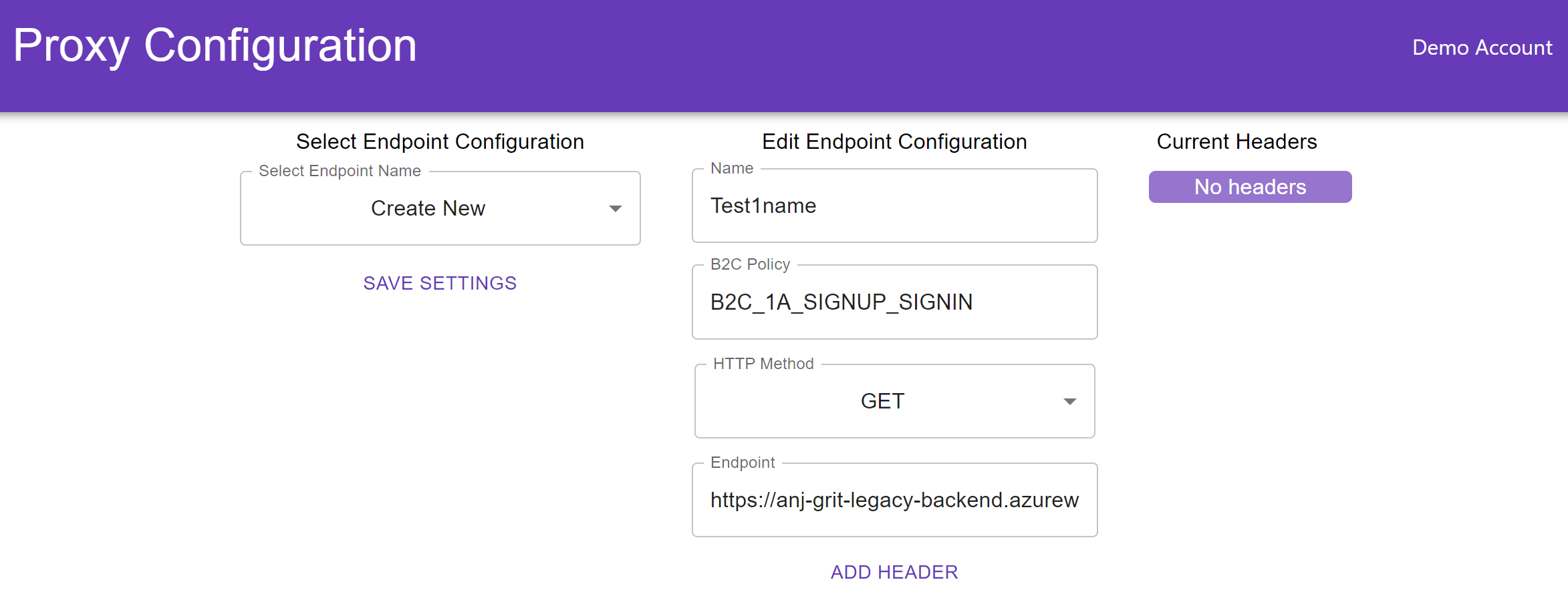 Captura de ecrã a mostrar a IU de configuração do proxy.