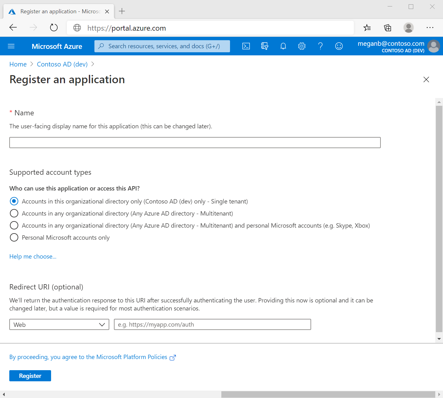 Captura de tela do portal do Azure em um navegador da Web, mostrando o painel Registrar um aplicativo.