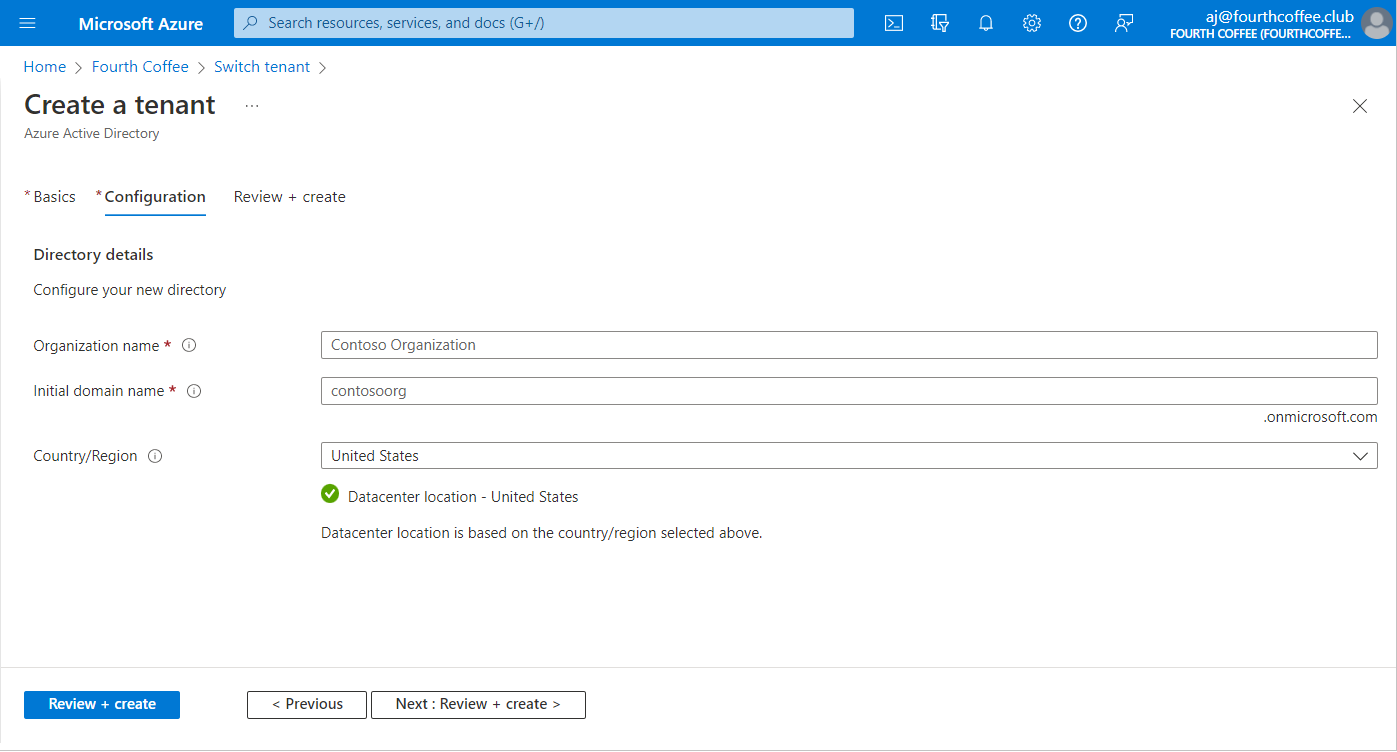 Microsoft Entra ID - Create a tenant page - configuration tab