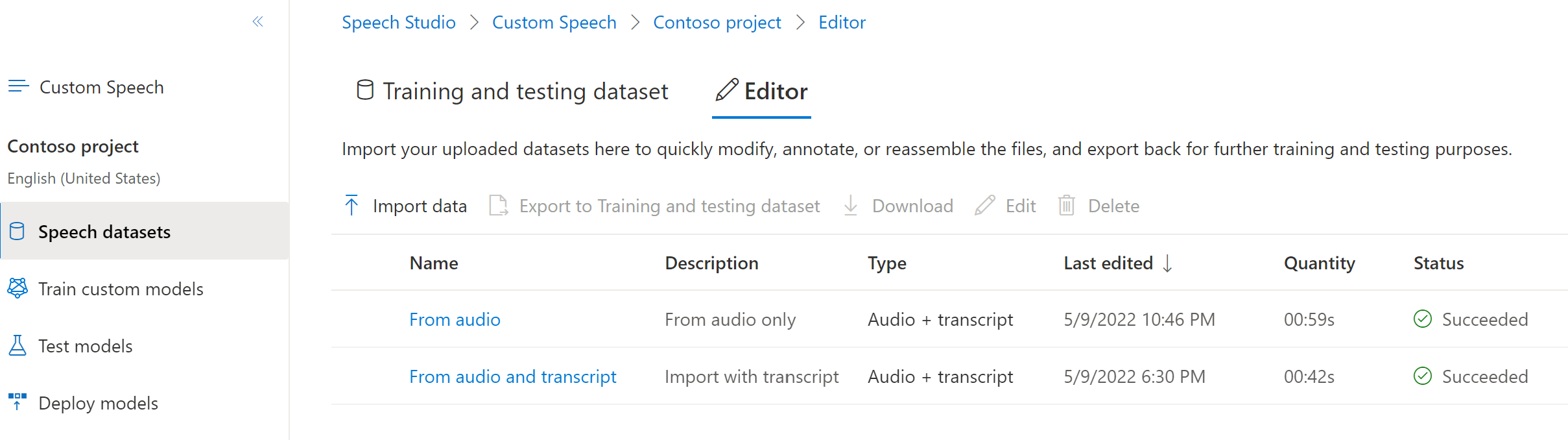 Captura de ecrã da página Conjuntos de dados de voz que mostra o separador Editor.