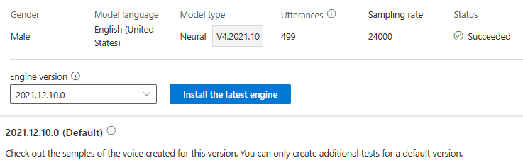 Captura de ecrã a mostrar a seleção do botão Instalar o motor mais recente para atualizar o mecanismo.