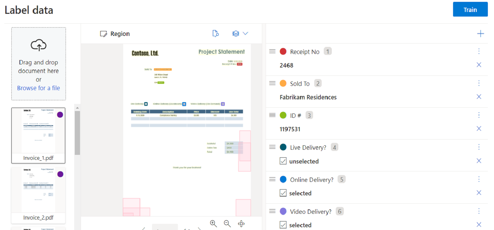 Captura de tela do treinamento de modelo personalizado usando o Document Intelligence Studio.