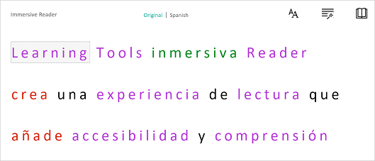 Captura de ecrã da funcionalidade de tradução linguística do Immersive Reader.