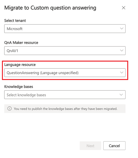 Migrar QnAMaker com caixa de seleção vermelha ao redor da opção de recurso de idioma atualmente selecionado recurso contém as informações de que o idioma não é especificado