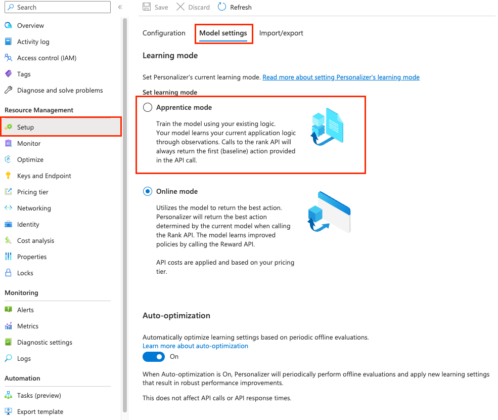 Captura de ecrã a mostrar a configuração do comportamento de aprendizagem do modo aprendiz no portal do Azure