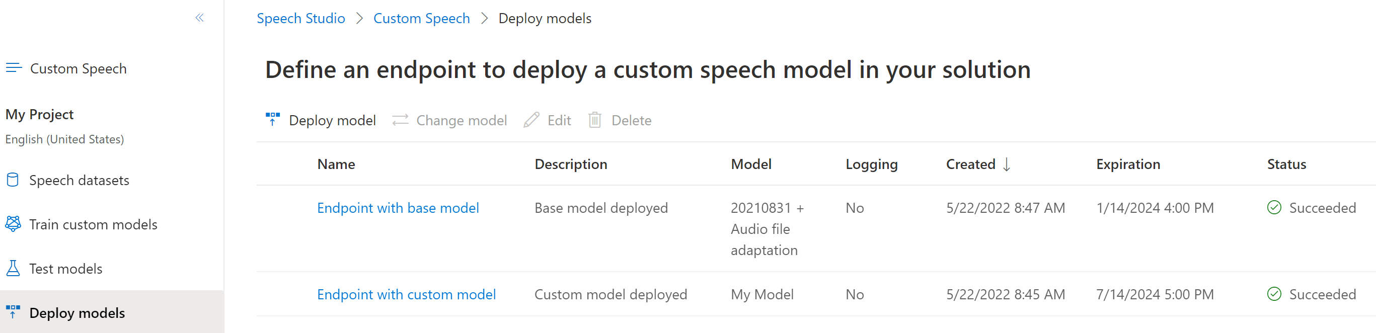 Captura de tela da página de implantação de modelos que mostra a data de expiração da transcrição.