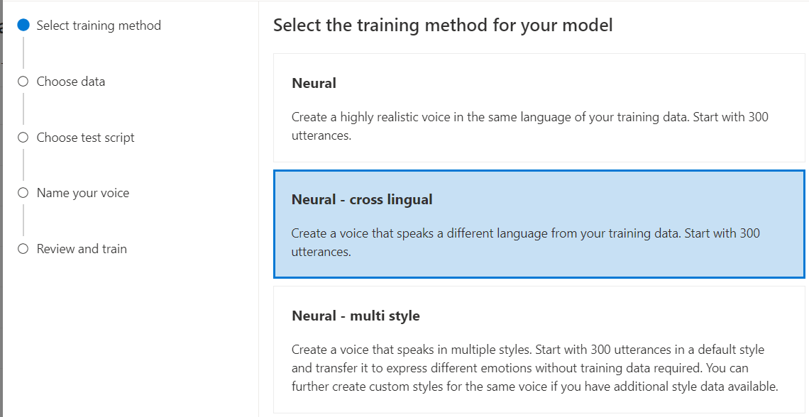 Captura de tela que mostra como selecionar o treinamento neural multilingual.