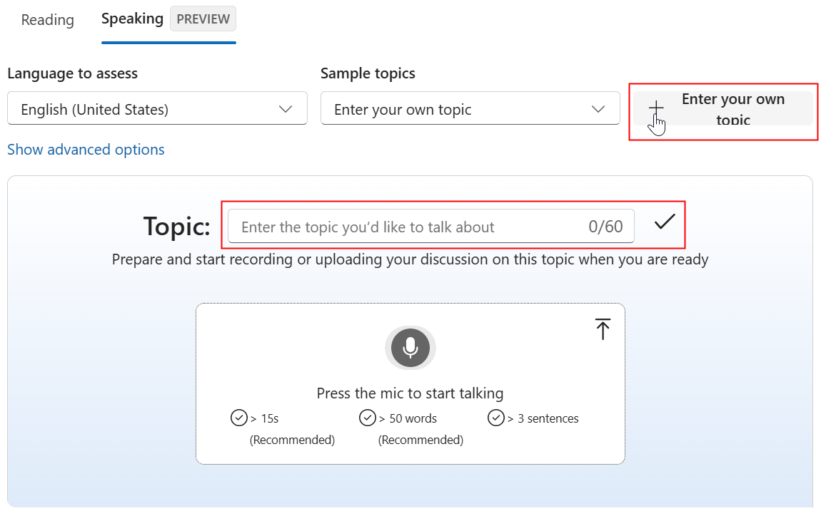 Captura de tela da inserção de um tópico na guia de fala para avaliar sua capacidade de falar sobre um determinado assunto sem um script predefinido.