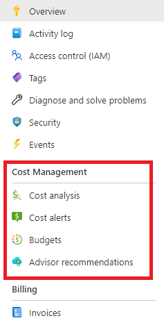 Captura de tela dos links de recursos de gerenciamento de custos no portal do Azure.