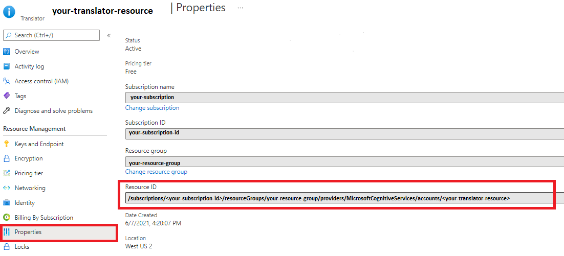 Captura de tela:Página de propriedades do tradutor no portal do Azure. 