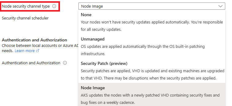 Uma captura de tela do portal do Azure mostrando a opção de tipo de canal de segurança do nó na página Configuração do cluster de um cluster AKS existente.