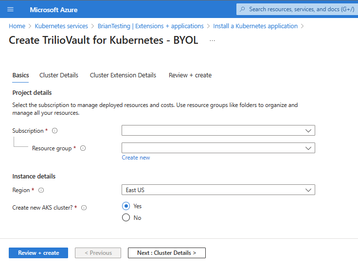 Captura de ecrã do assistente do portal do Azure para implementar uma nova oferta, com o seletor para criar um cluster ou utilizar um existente.