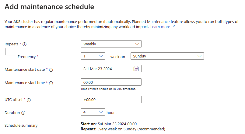 Captura de tela que mostra o painel para adicionar uma agenda de manutenção no portal do Azure.