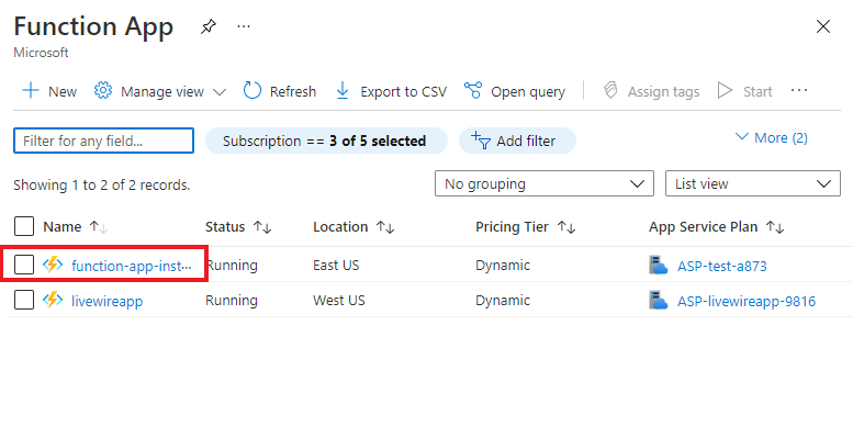 Captura de tela que destaca a seleção da instância do aplicativo Function.