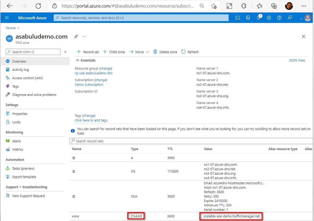 Captura de ecrã a mostrar a configuração do registo CNAME no DNS.