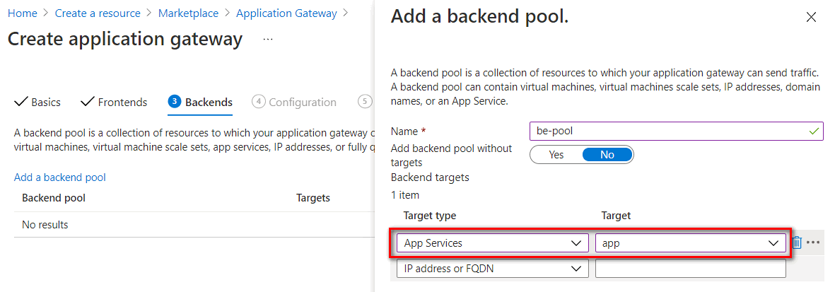 Captura de tela mostrando a adição de um nome de pool de back-end na configuração de back-ends.