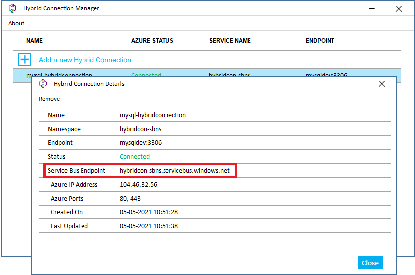 Captura de tela do ponto de extremidade do Hybrid Connection Service Bus.