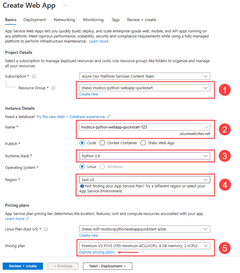 Uma captura de tela de como preencher o formulário para criar um novo Serviço de Aplicativo no portal do Azure.