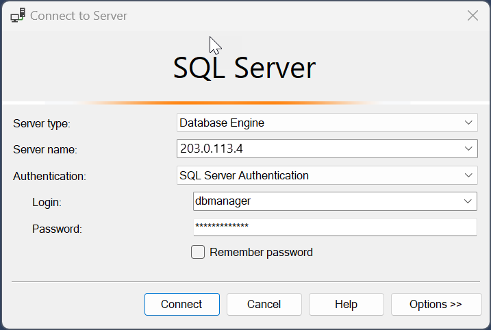 Screenshot displaying the connection to a SQL server.