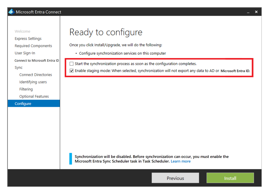 Captura de ecrã que mostra o assistente de configuração A D Connect.