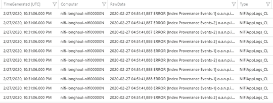 Captura de ecrã dos resultados da consulta que incluem um carimbo de data/hora, o computador, os dados brutos, o tipo e o recurso I D.