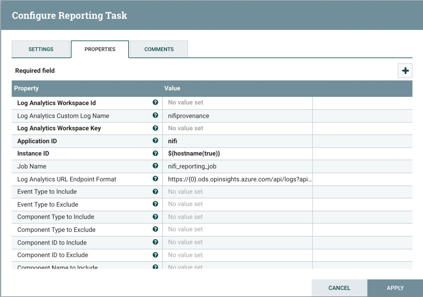 Captura de ecrã da janela NiFi Configure Reporting Task. O menu Propriedades está visível. Ele lista os valores das configurações do Log Analytics.