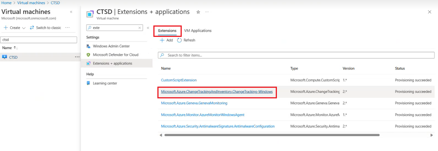 Captura de tela mostrando a seleção da extensão para uma VM que já está desassociada do DCR.