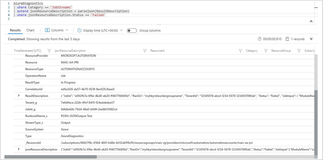 Formato JSON do Log Analytics Historical Job Stream