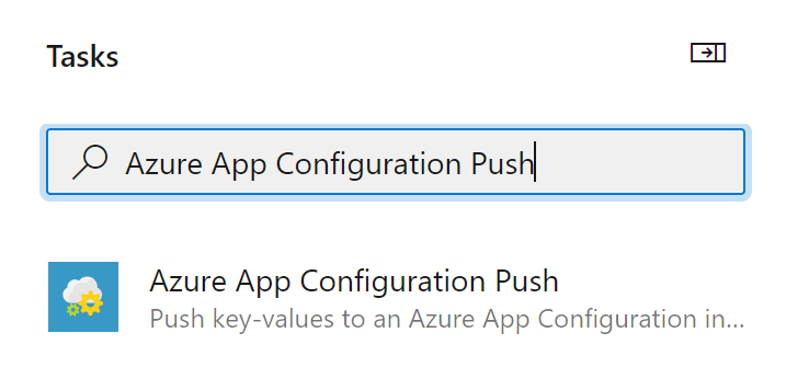 A captura de tela mostra a caixa de diálogo Adicionar Tarefa com o Push de Configuração do Aplicativo do Azure na caixa de pesquisa.