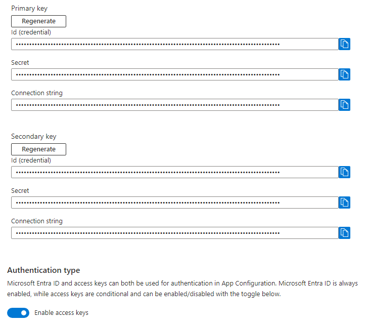 Captura de ecrã a mostrar chaves de acesso para um recurso de Configuração de Aplicações do Azure.