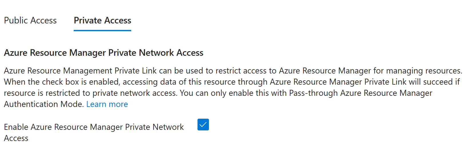 A captura de ecrã a mostrar a opção Ativar Acesso Privado do Azure Resource Manager está marcada.