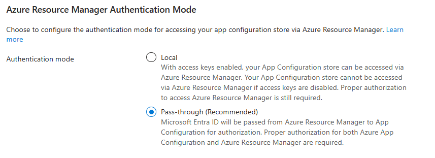 Captura de ecrã a mostrar o modo de autenticação de passagem selecionado em Modo de Autenticação do Azure Resource Manager.