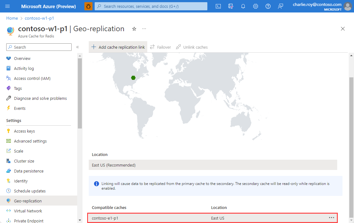 Captura de tela mostrando caches compatíveis para vinculação com replicação geográfica.