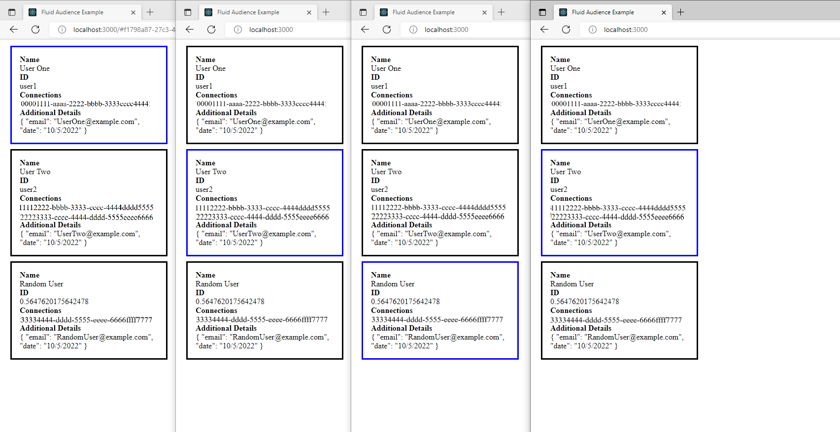 Uma captura de tela de um navegador mostrando informações para quatro usuários de contêiner diferentes.