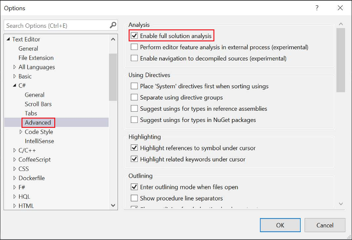 Captura de ecrã a mostrar a configuração do Roslyn Analyzer noutra versão do Visual Studio.