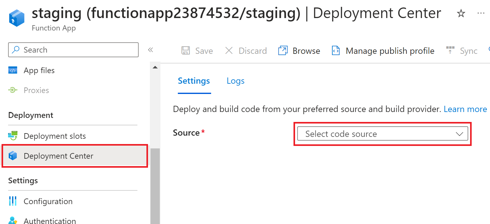 Captura de ecrã do centro de implementação da aplicação Function no portal do Azure onde escolhe o repositório de origem.