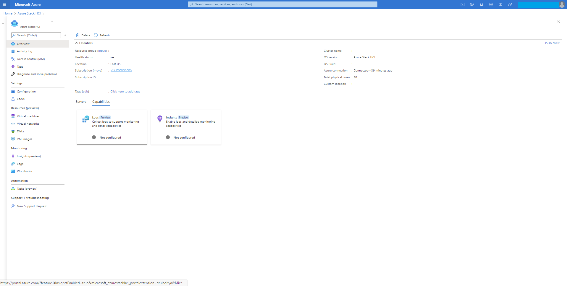 Capacidade de logs na guia Capabilities