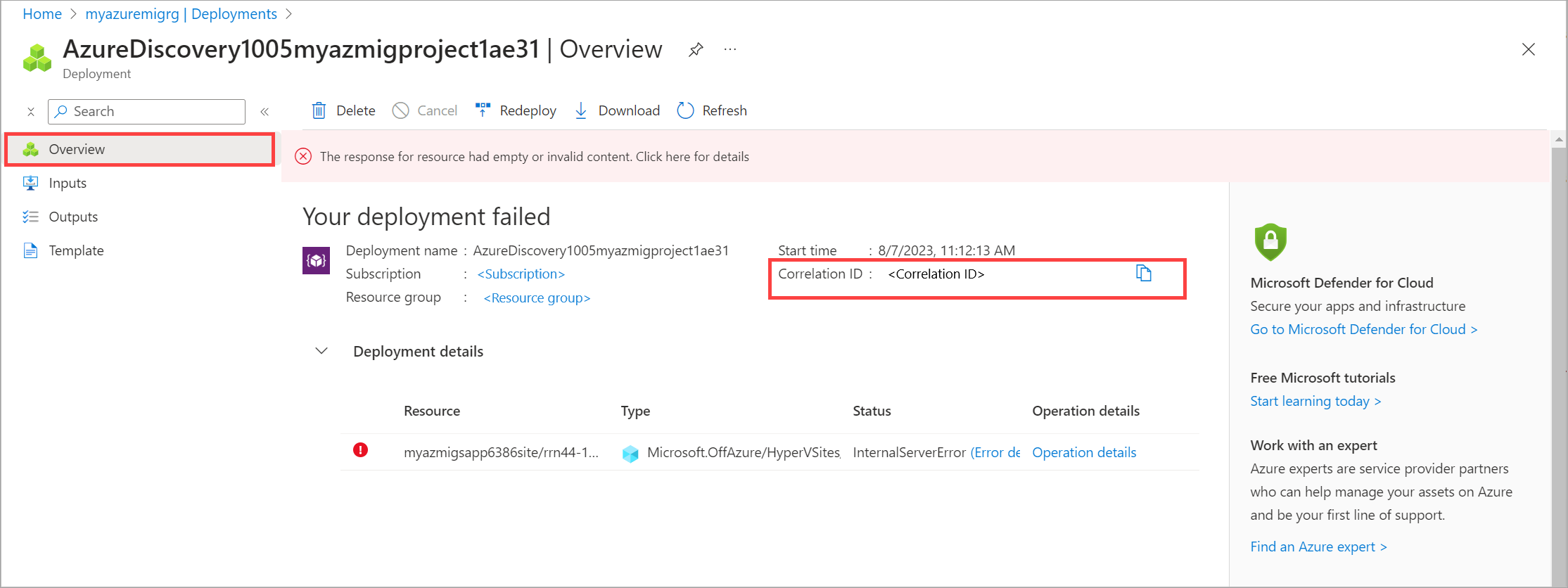 Captura de tela Azure Migrate project resource group > Deployments > Sua implantação > Visão geral no portal do Azure.