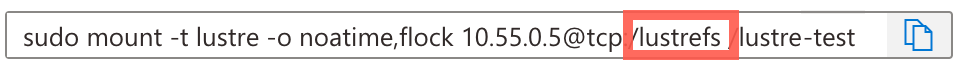 Captura de tela de uma cadeia de caracteres de endereço de exemplo na página Conexão do cliente. O nome interno do cluster Lustre é realçado.