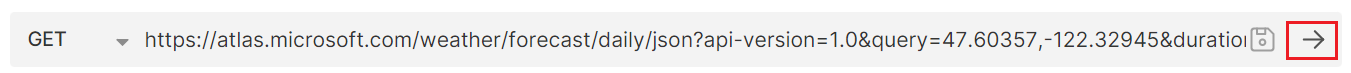 Uma captura de tela mostrando o URL Solicitar dados diários de previsão do tempo com o botão Executar realçado no aplicativo bruno.