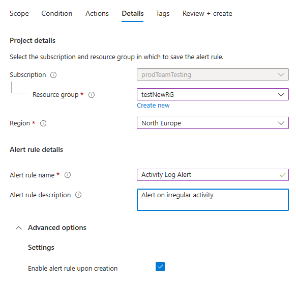 Captura de ecrã que mostra o separador Detalhes para criar uma nova regra de alerta do registo de atividades.