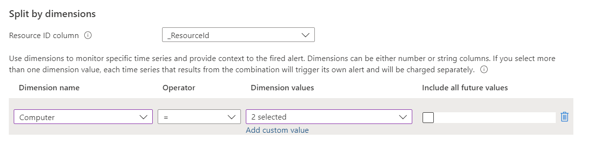 Captura de tela que mostra a seção para divisão por dimensões em uma nova regra de alerta de pesquisa de log.