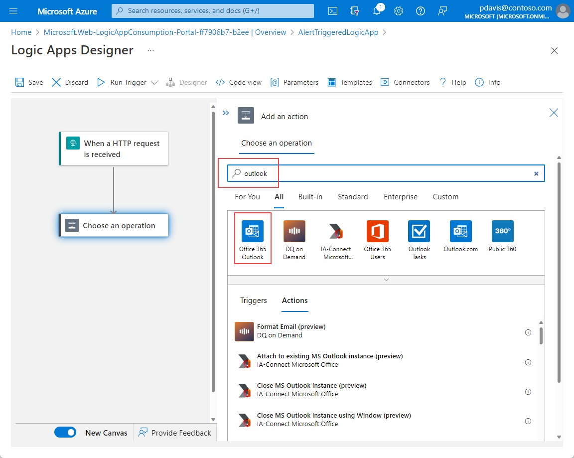 Captura de tela que mostra a página Adicionar uma ação do Designer de Aplicativos Lógicos com o Office 365 Outlook selecionada.