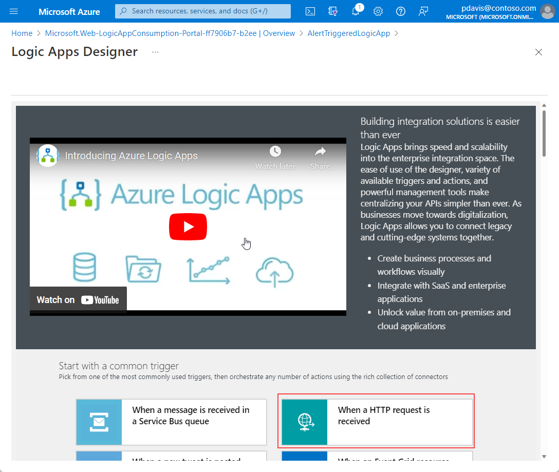 Captura de tela que mostra a página inicial do Logic Apps Designer.