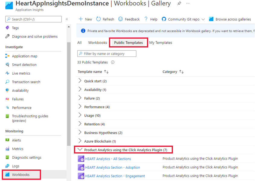 Captura de tela que mostra o local das pastas de trabalho HEART no Azure Application Insights.