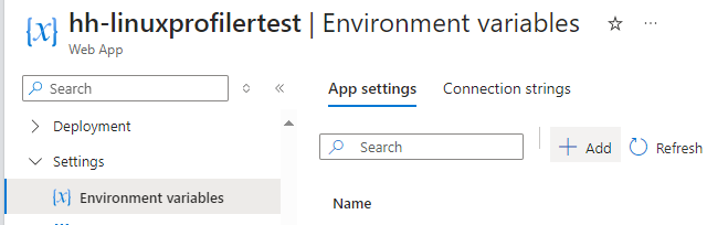 Captura de tela que mostra a adição de uma nova configuração de aplicativo no painel Variáveis de ambiente.