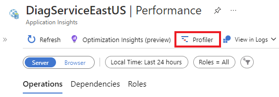 Captura de ecrã do botão Profiler a partir do painel Desempenho.