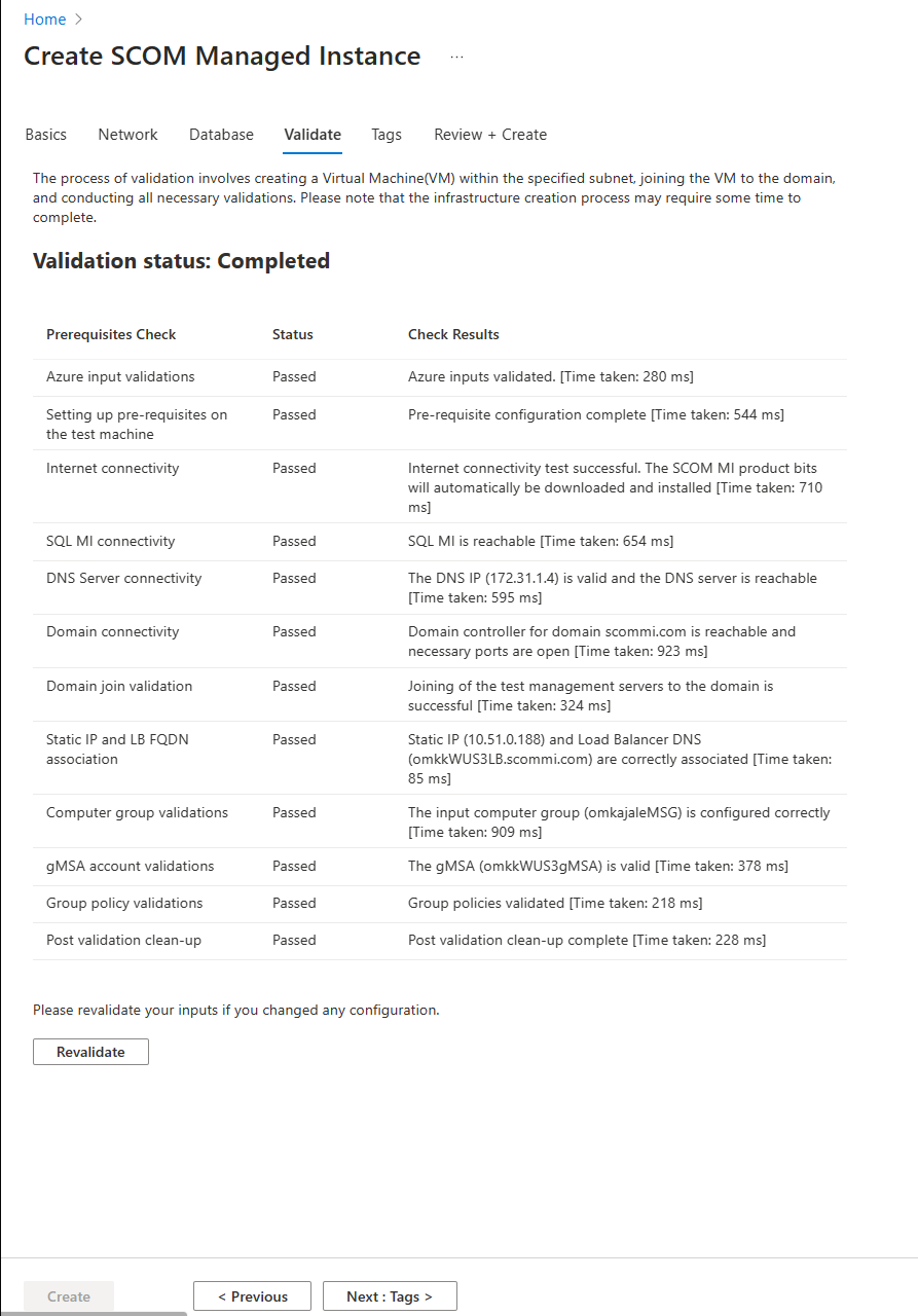 Captura de ecrã que mostra o estado de Validação: Concluído.